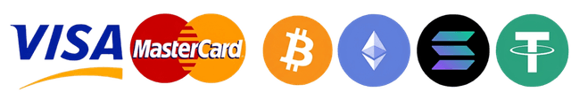 Payment methods - Visa, Mastercard, Bitcoin, Ethereum, Solana, Tether